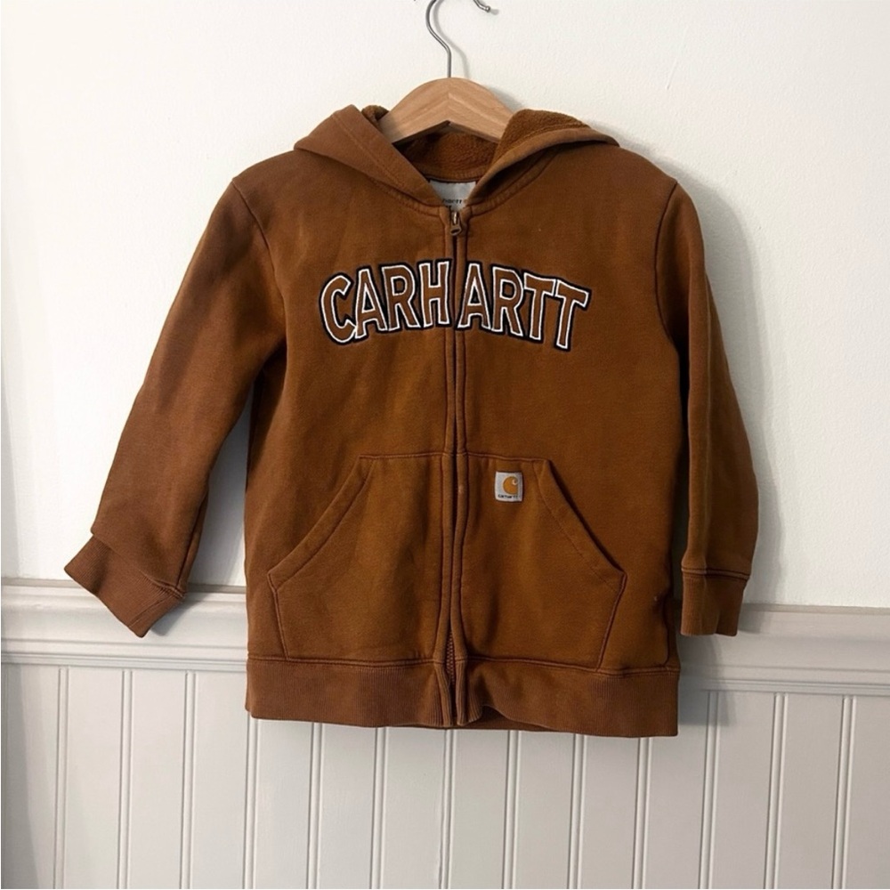 Carhartt Boys 4T Kids Tan Brown Full Zip-Up Logo Hoodie Sweatshirt